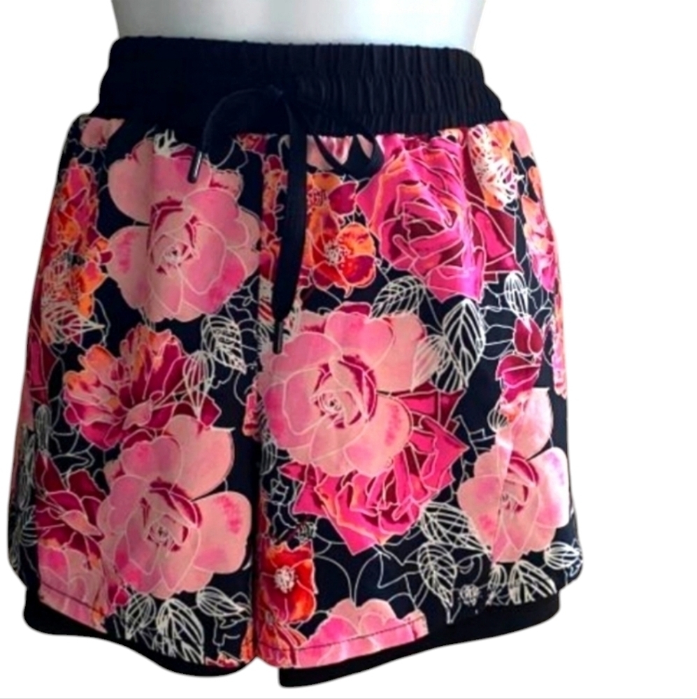 DANSKIN Pink & Black Floral Print Compression Dri More Athletic Short Size Large